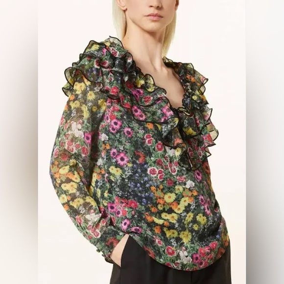 NWT! $195 Ted Baker London Floral Ruffle Blouse Black Floral MulticolorSize S - Picture 2 of 9